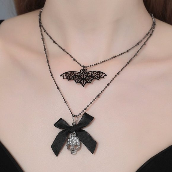 Baroque Vintage Jewelry - Gothic Filigree Bat, Bow & Skull Double Necklace